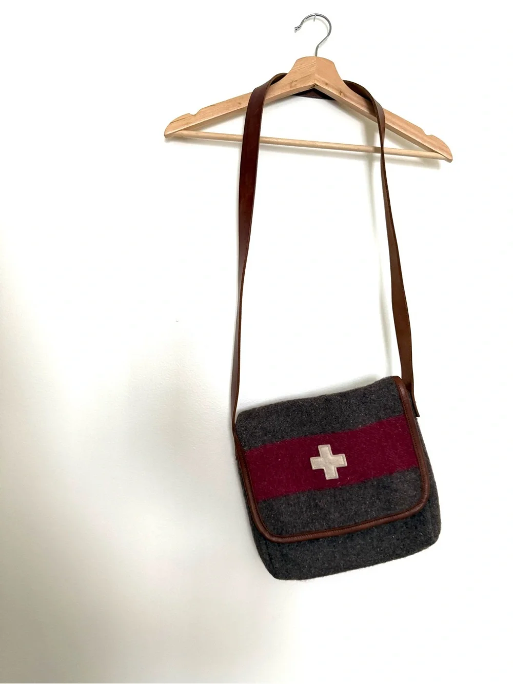 Wool Crossbody Bag with Burgundy Stripe